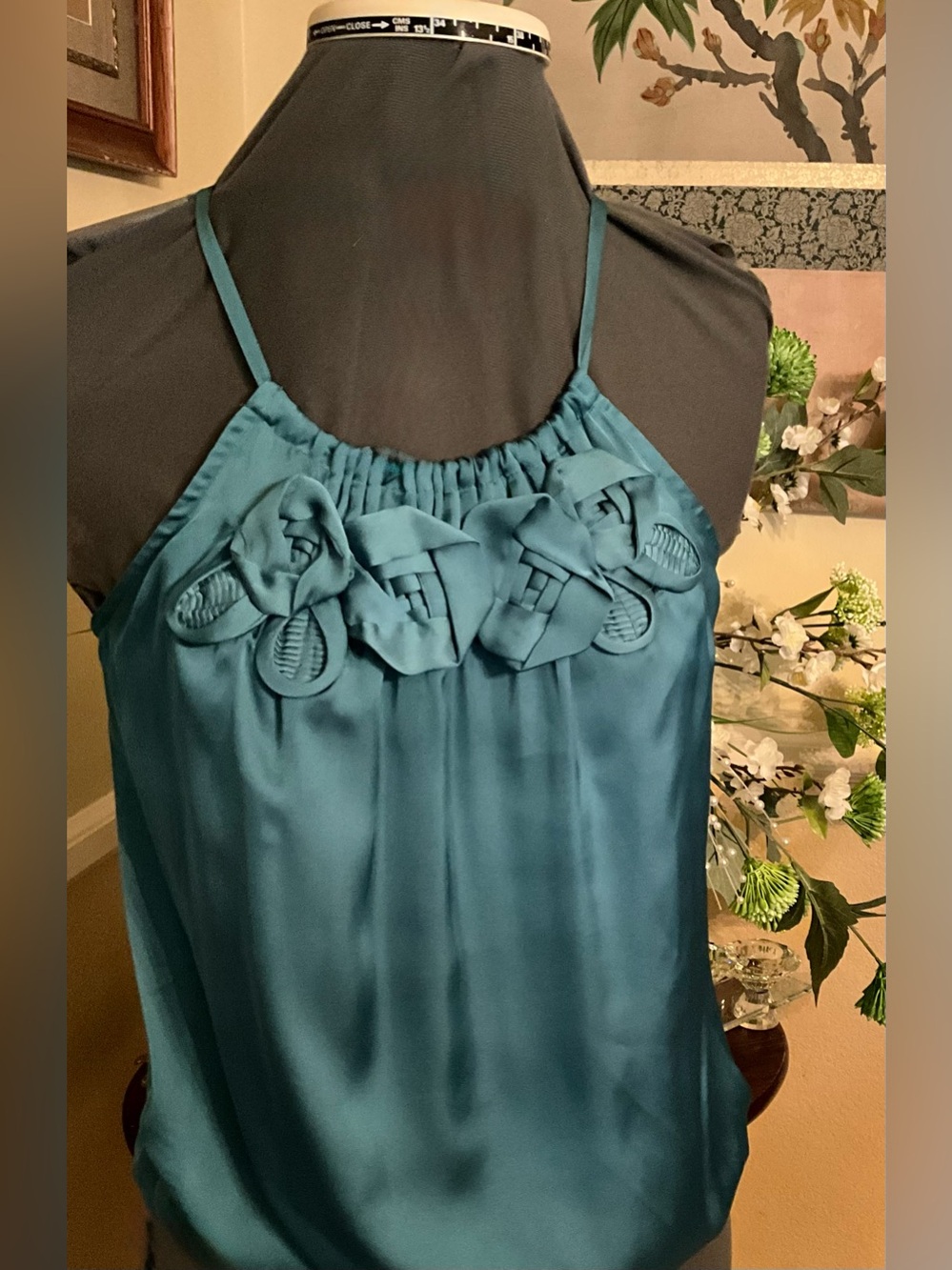 Teal Halter Bubble Top with Rosette Trim